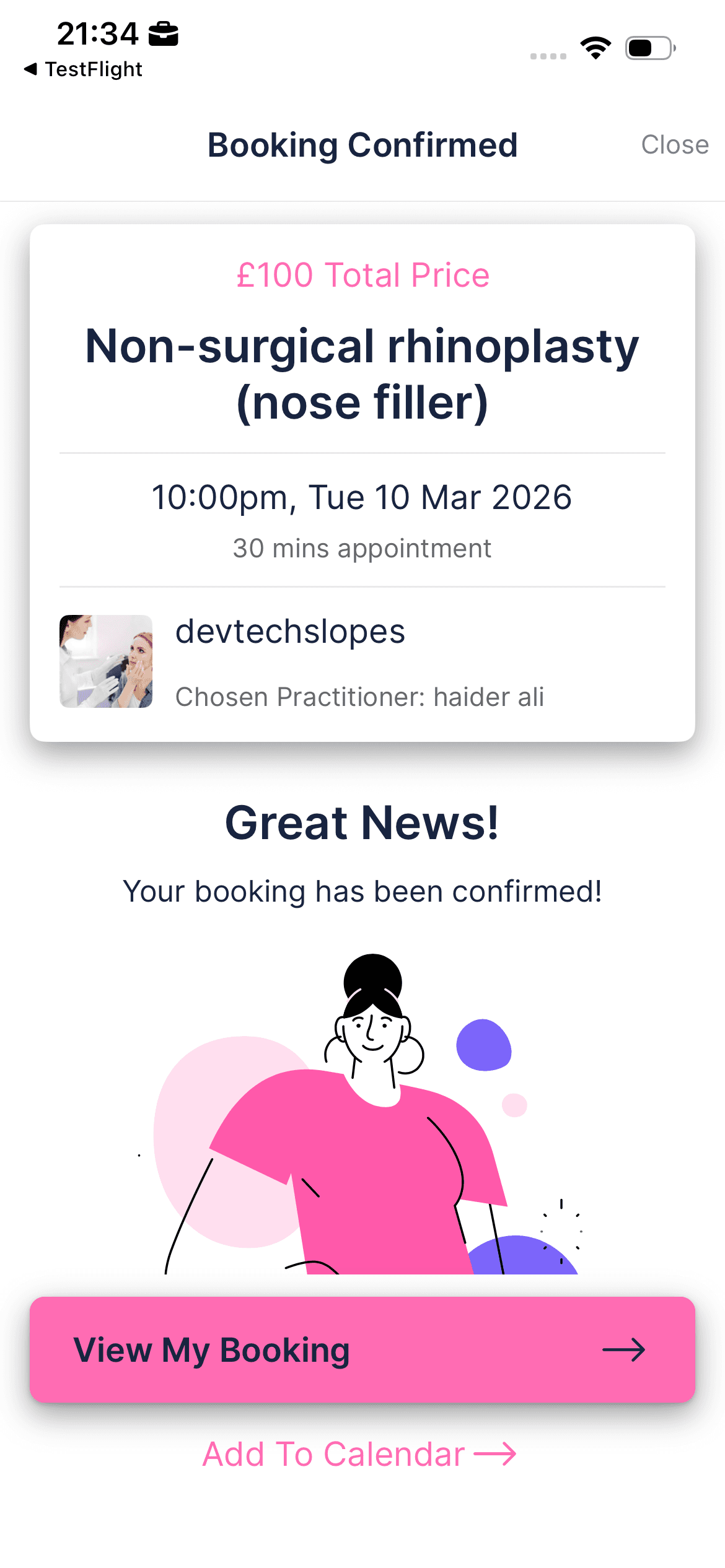 Booking confirmed screen