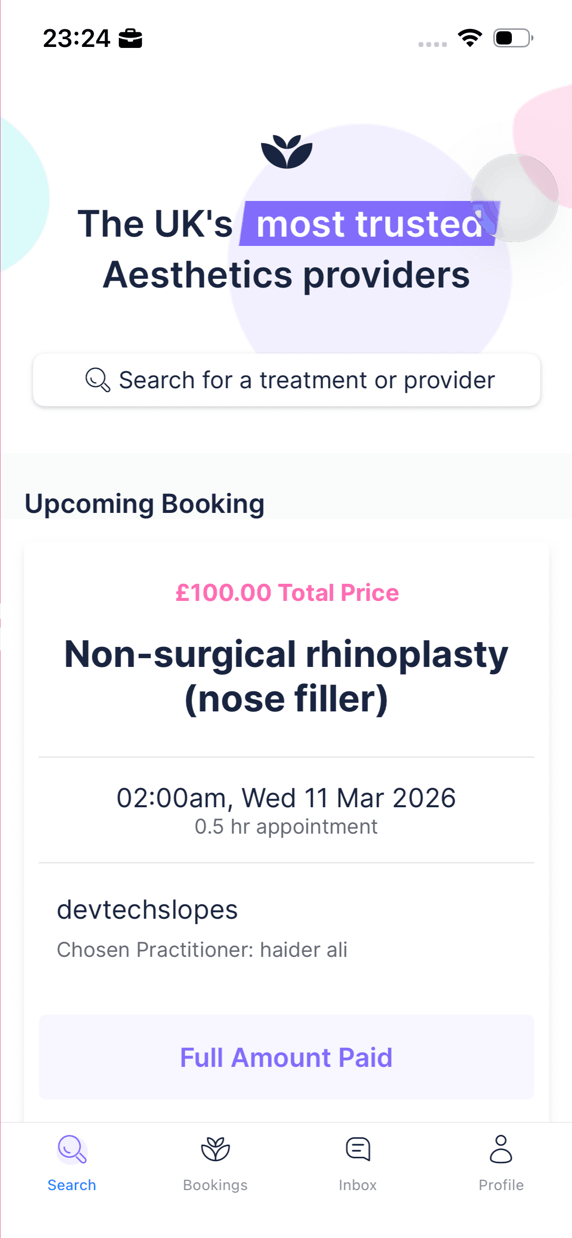 App home screen with treatment search