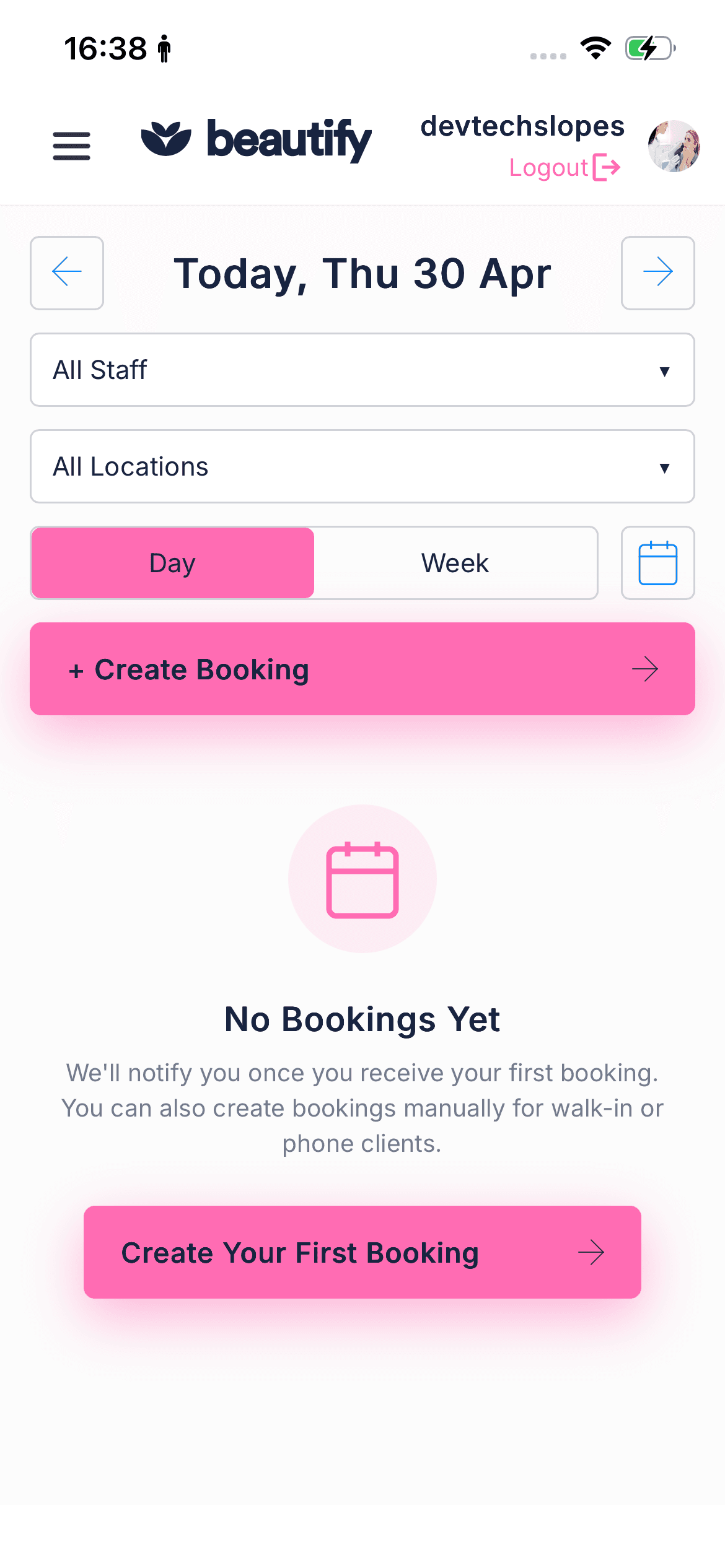 Practitioner calendar showing today's bookings
