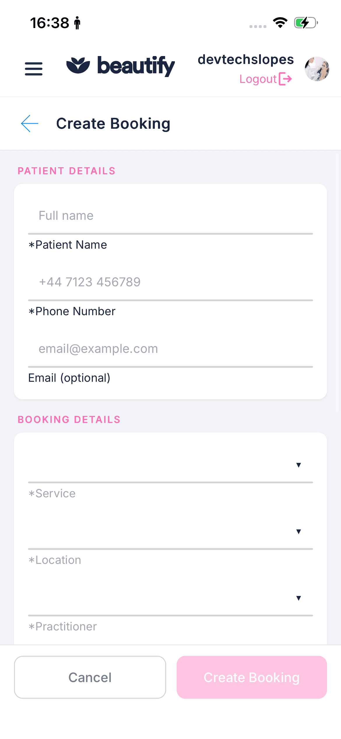 Create a new booking for a patient