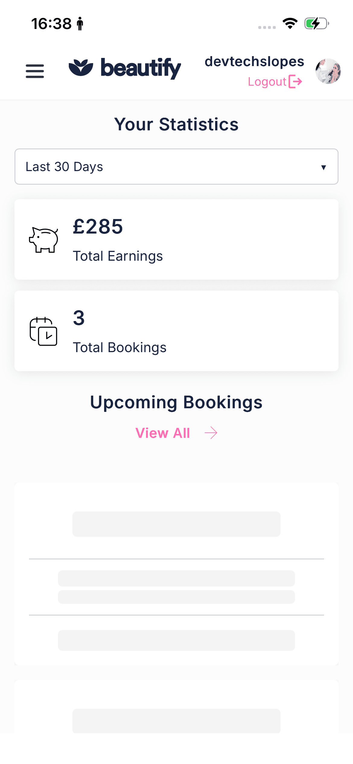 Practitioner dashboard with earnings and bookings statistics